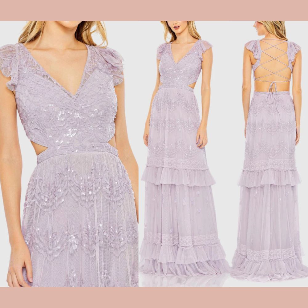 NWT MAC DUGGAL [ 14 ] 9167 Sequined Ruffled Cap Sleeve Cut Out Tiered Gown Lilac